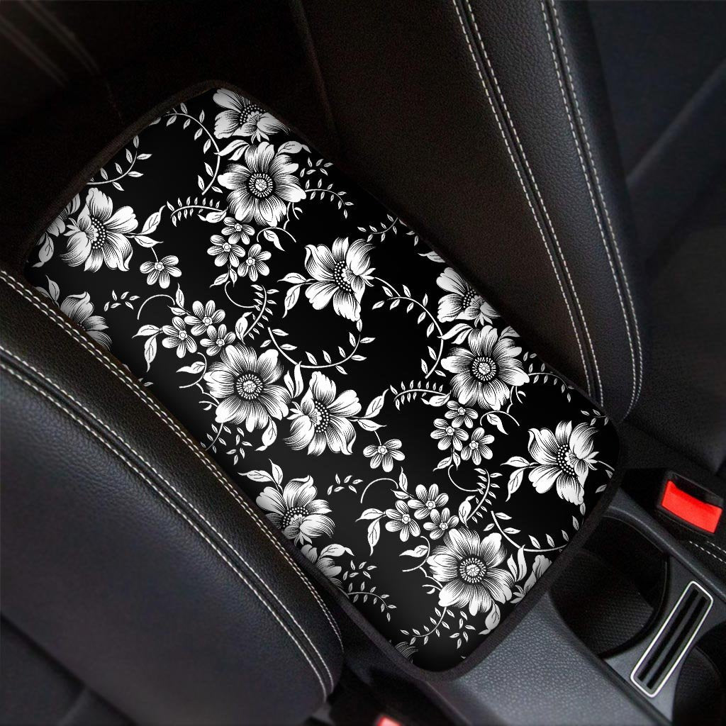 Black White Floral Print Car Console Cover-grizzshop