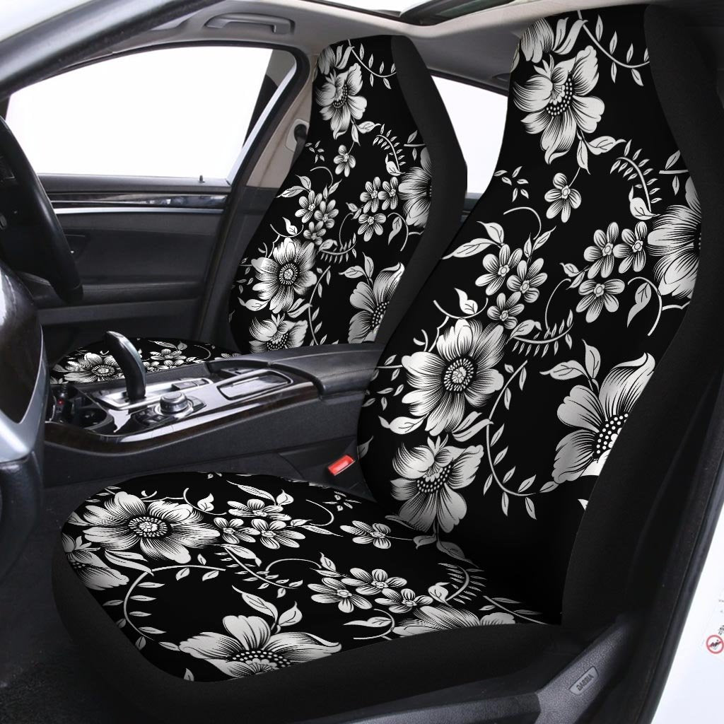 Black White Floral Print Car Seat Covers-grizzshop