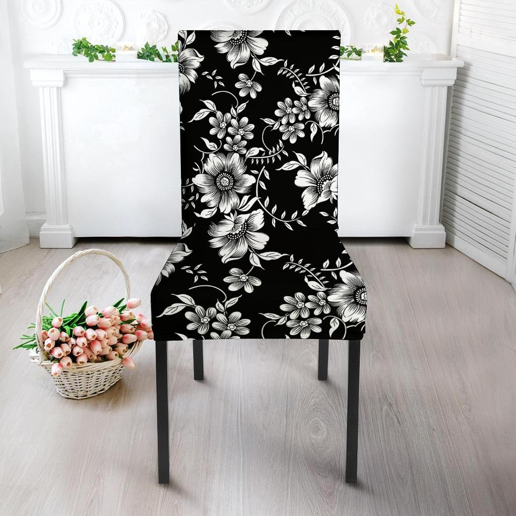 Black White Floral Print Chair Cover-grizzshop