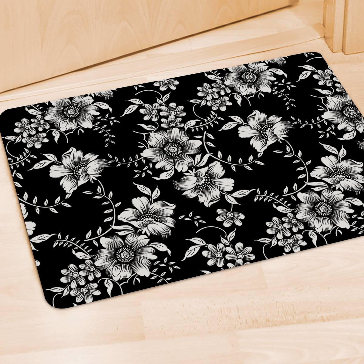 Black White Floral Print Door Mat-grizzshop