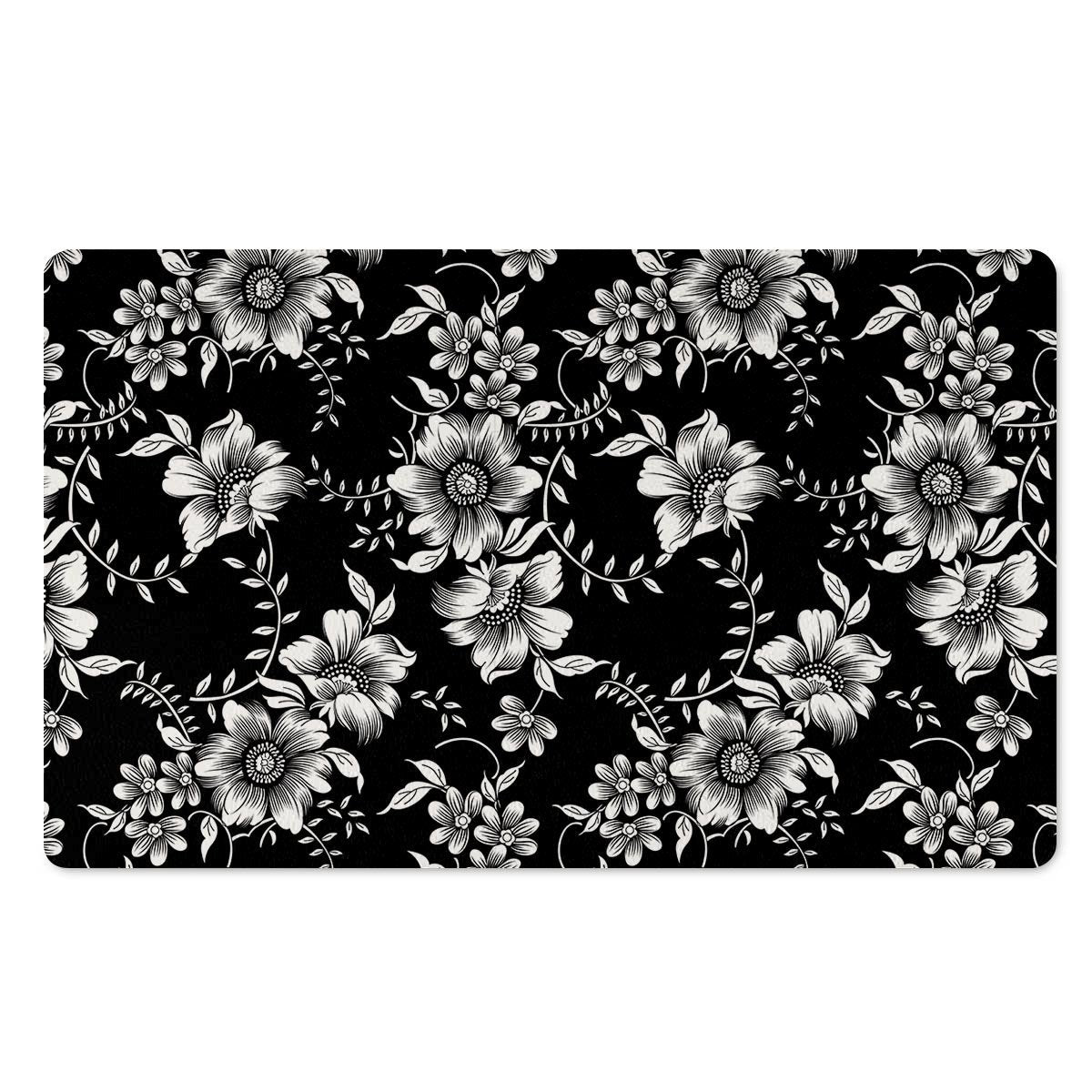 Black White Floral Print Door Mat-grizzshop