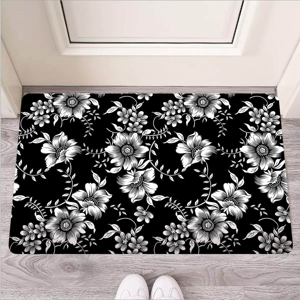 Black White Floral Print Door Mat-grizzshop