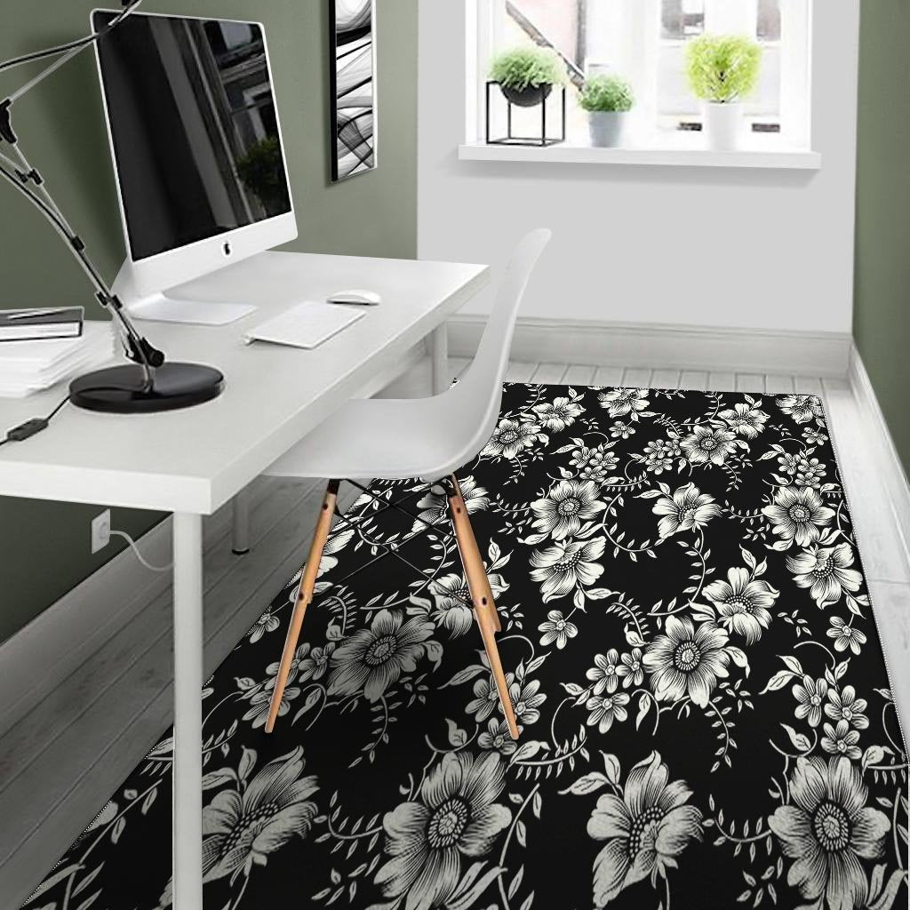 Black White Floral Print Floor Mat-grizzshop