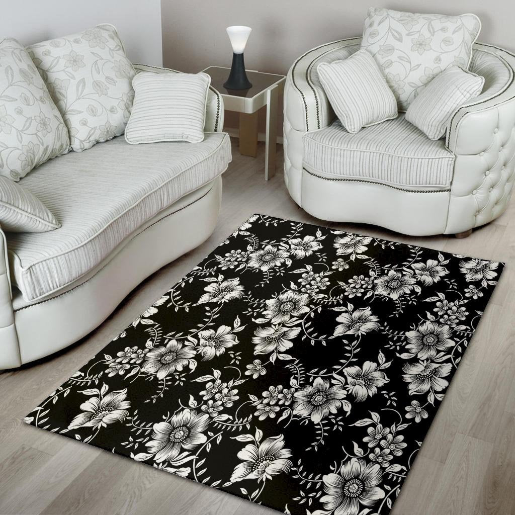 Black White Floral Print Floor Mat-grizzshop