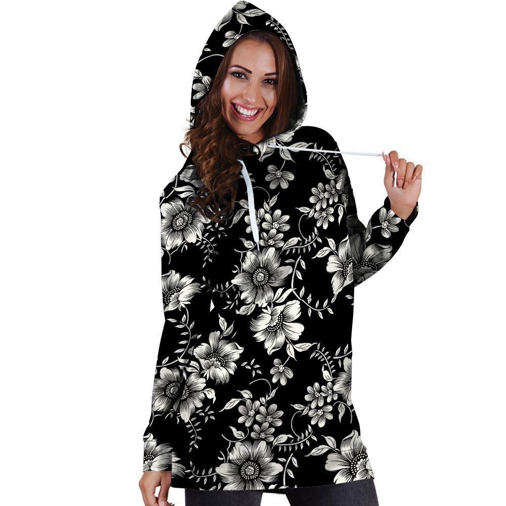 Black White Floral Print Hoodie Dress-grizzshop