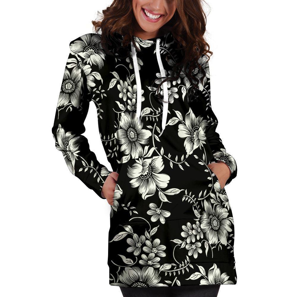 Black White Floral Print Hoodie Dress-grizzshop