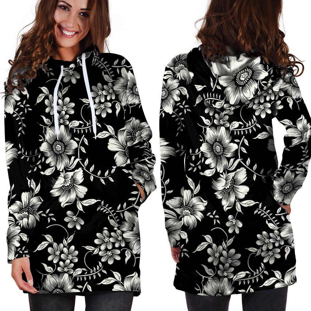 Black White Floral Print Hoodie Dress-grizzshop