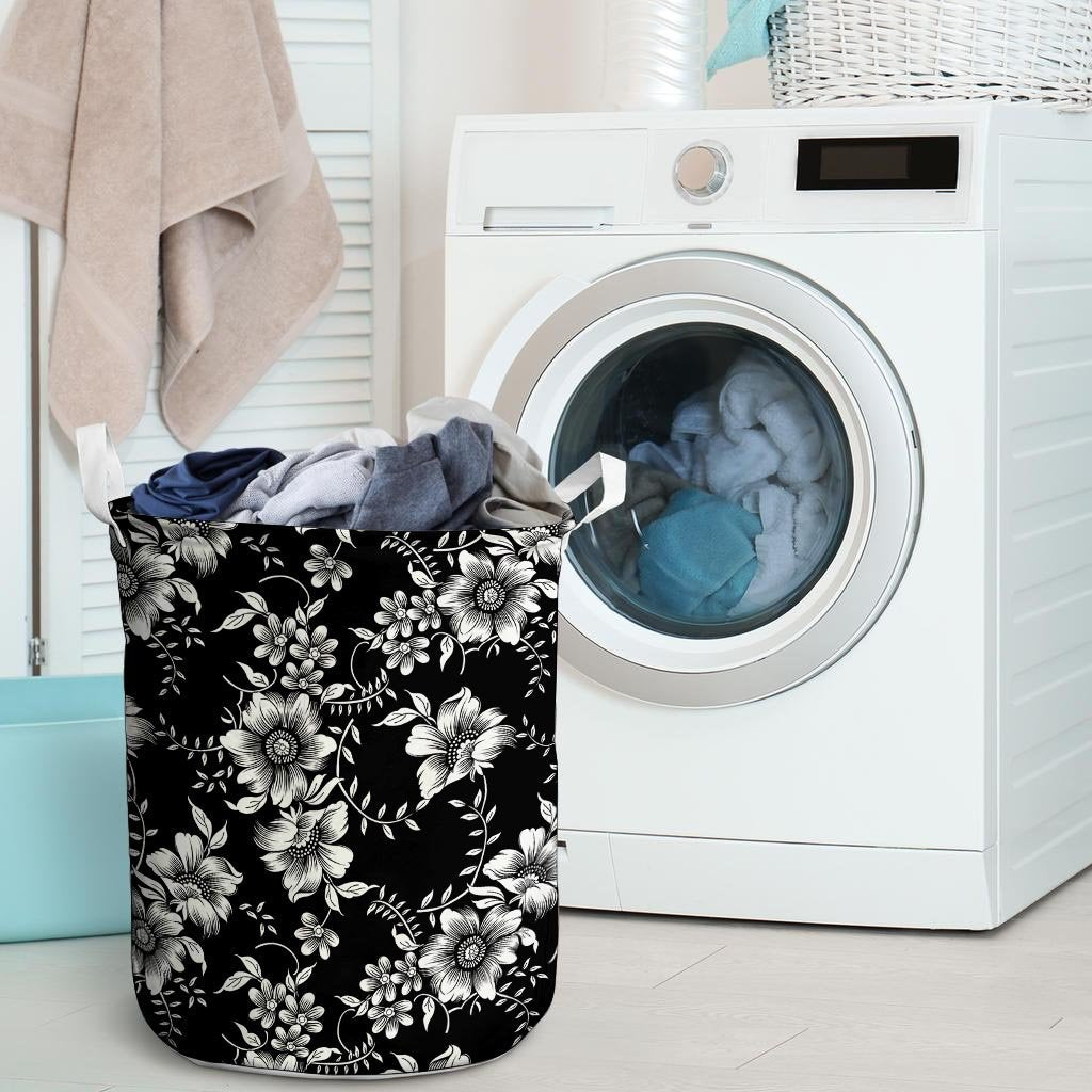 Black White Floral Print Laundry Basket-grizzshop