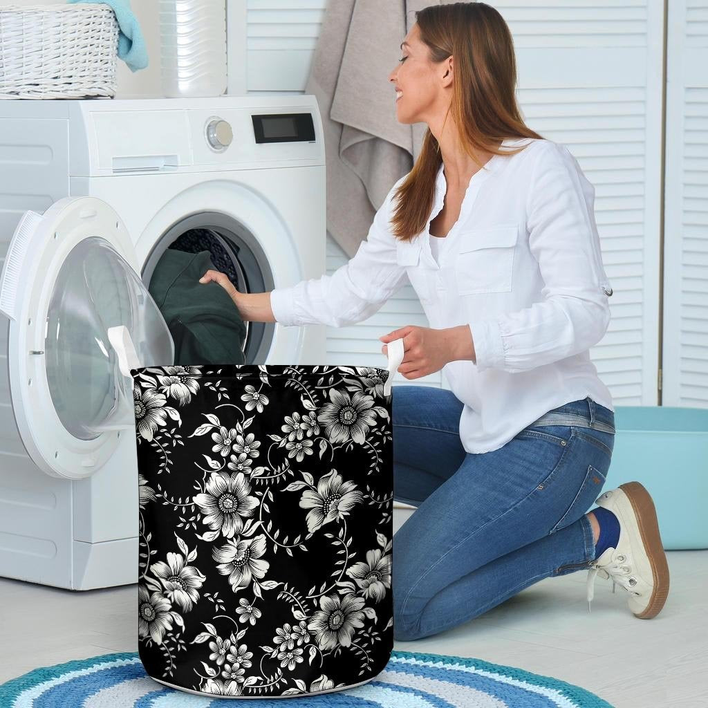 Black White Floral Print Laundry Basket-grizzshop