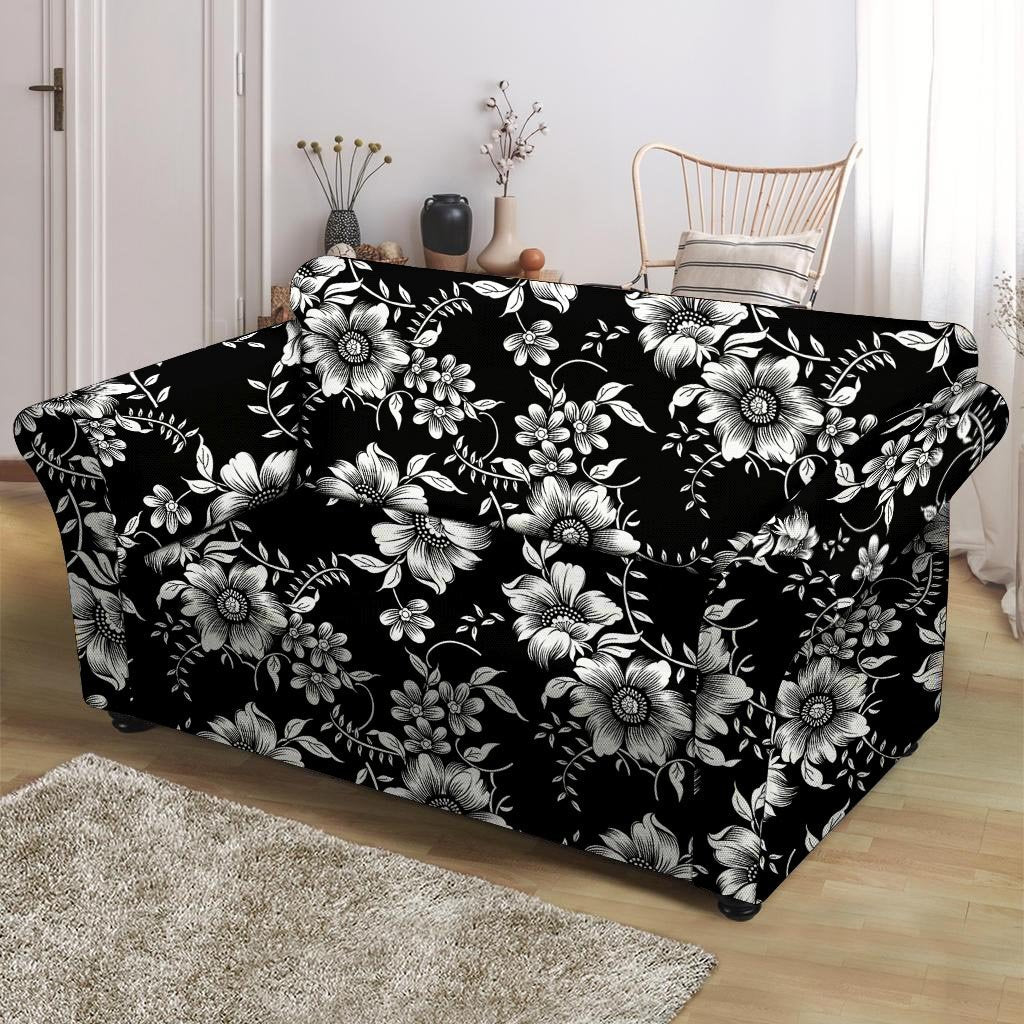 Black White Floral Print Loveseat Cover-grizzshop