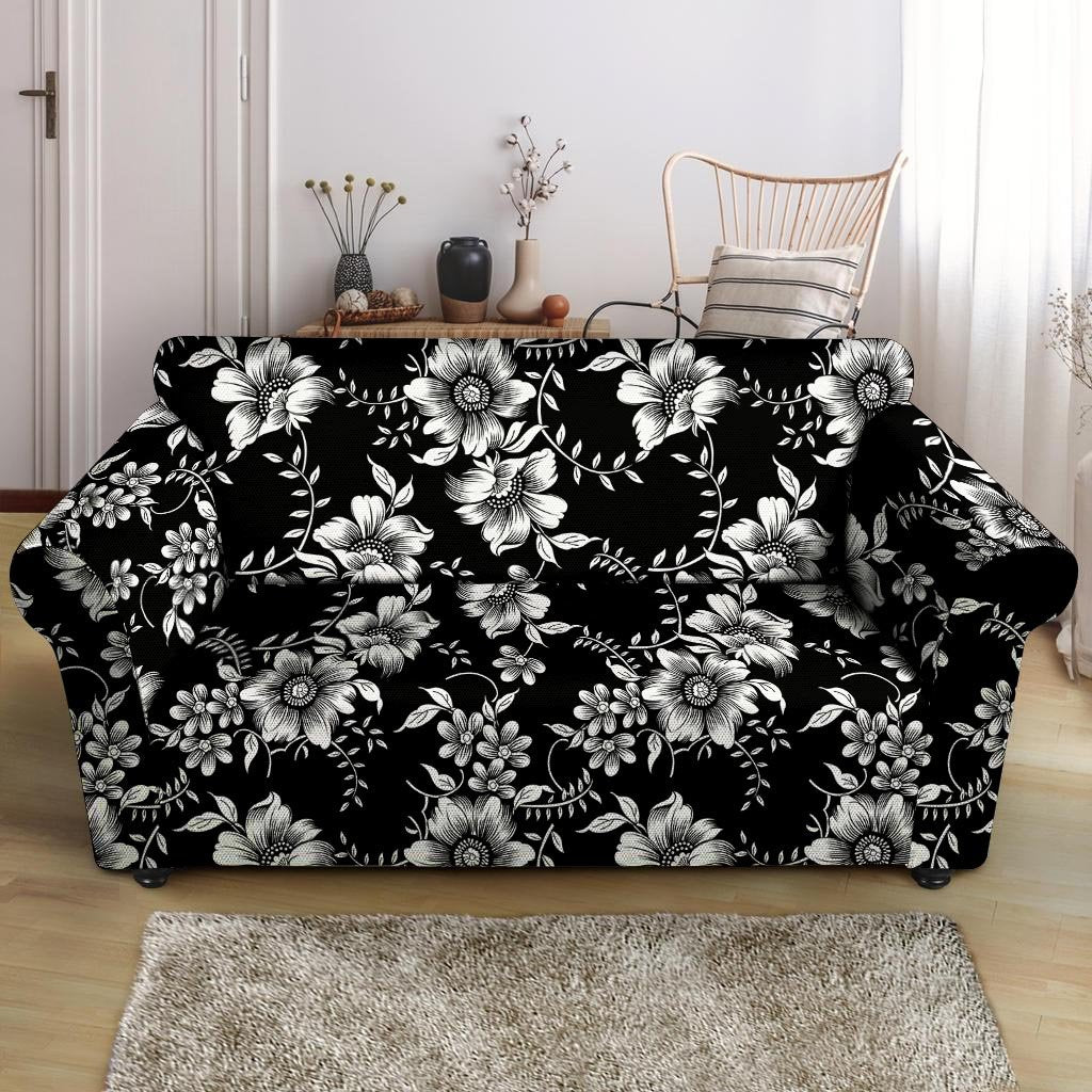 Black White Floral Print Loveseat Cover-grizzshop