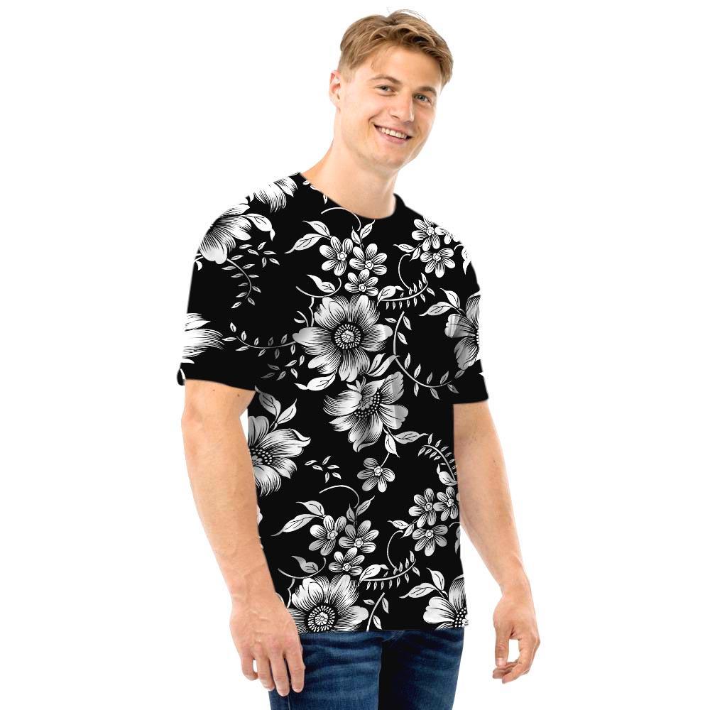 Black White Floral Print Men T Shirt-grizzshop