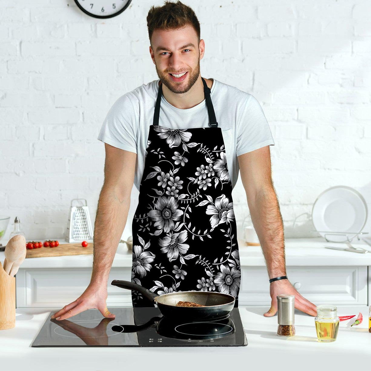 Black White Floral Print Men's Apron-grizzshop