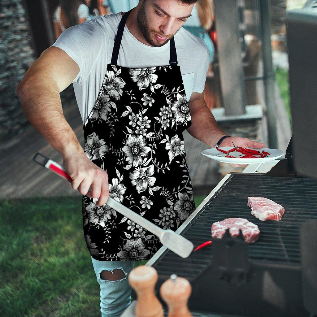 Black White Floral Print Men's Apron-grizzshop