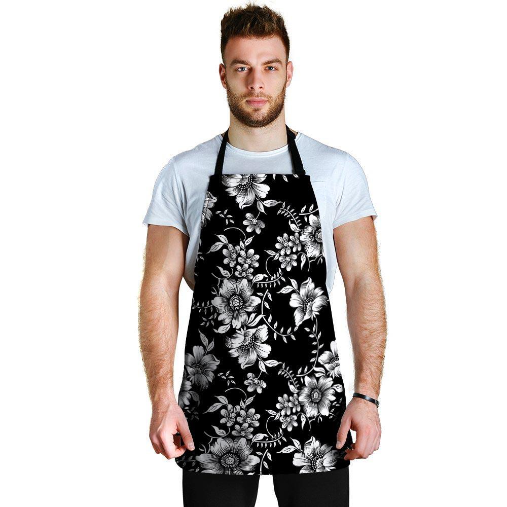 Black White Floral Print Men's Apron-grizzshop