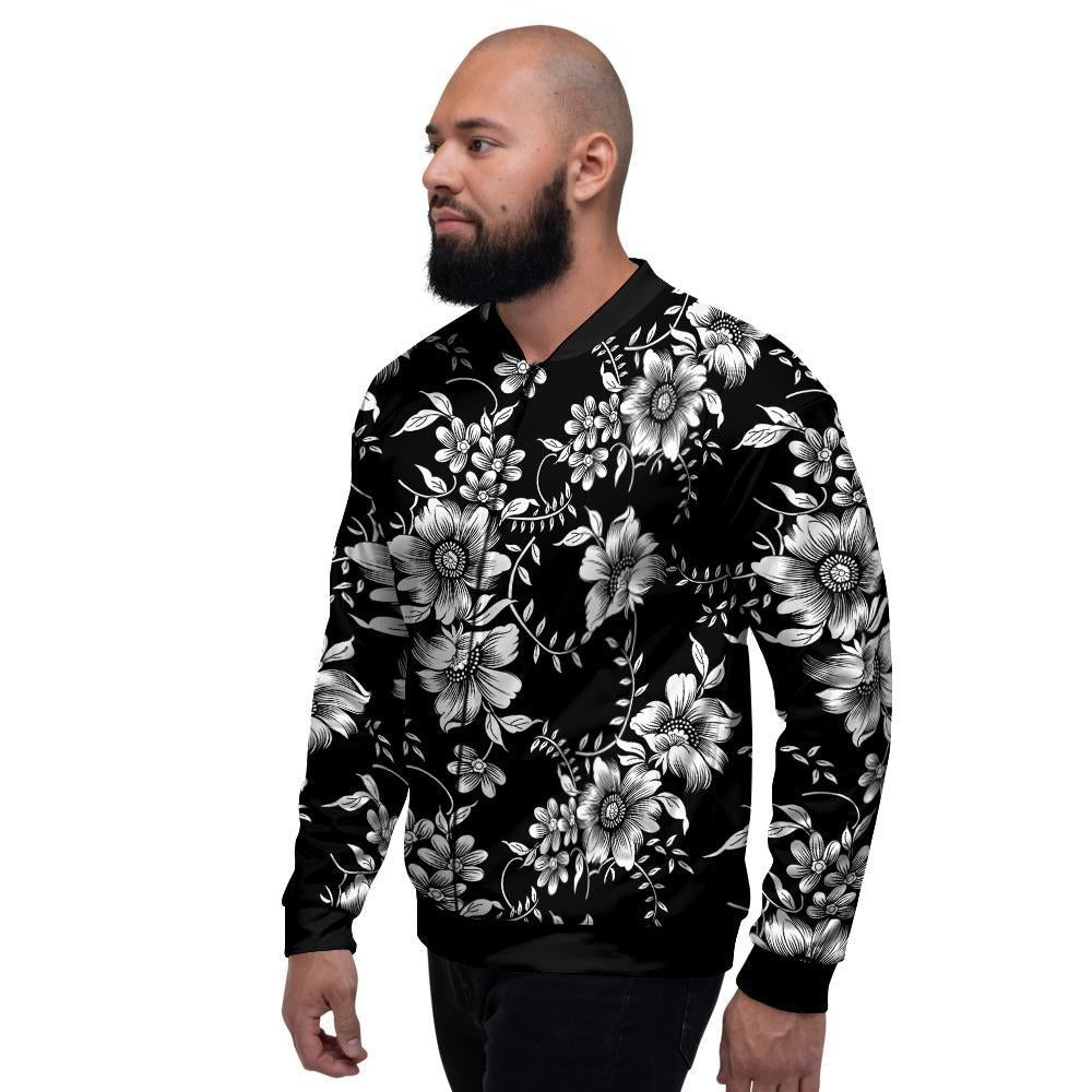 Black White Floral Print Men's Bomber Jacket-grizzshop