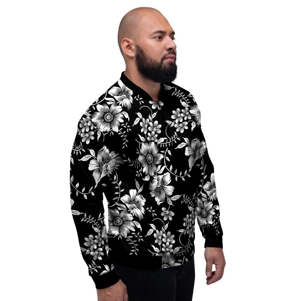 Black White Floral Print Men's Bomber Jacket-grizzshop