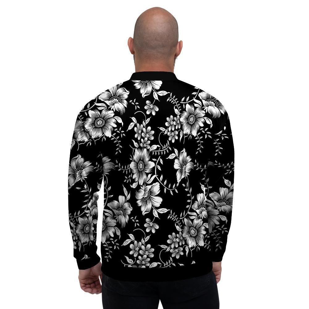 Black White Floral Print Men's Bomber Jacket-grizzshop