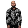 Black White Floral Print Men's Bomber Jacket-grizzshop