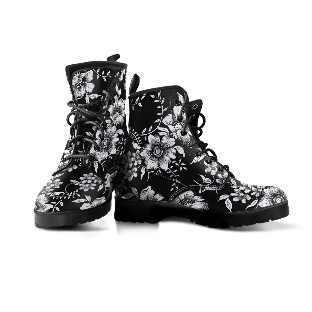 Black White Floral Print Men's Boots-grizzshop