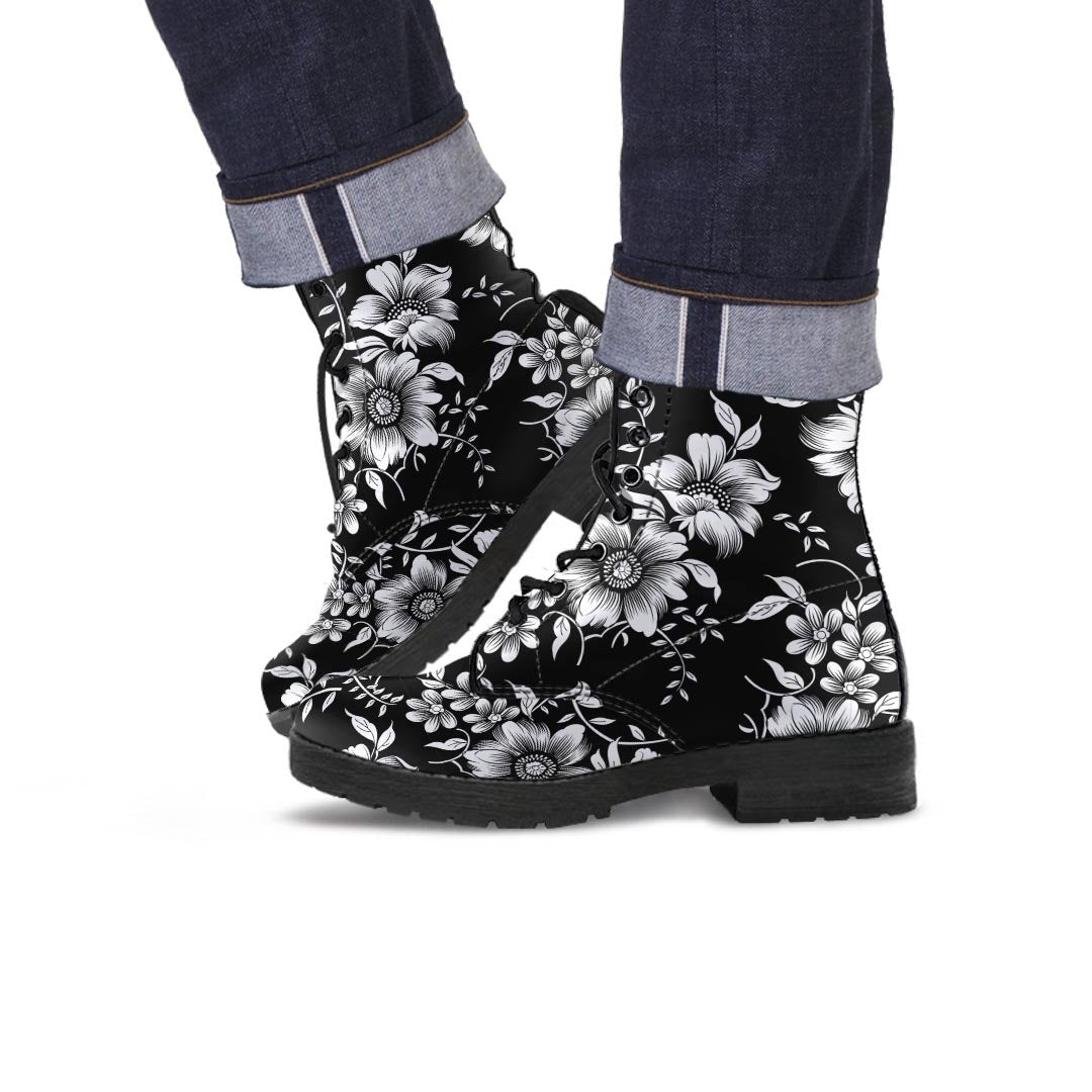 Black White Floral Print Men's Boots-grizzshop