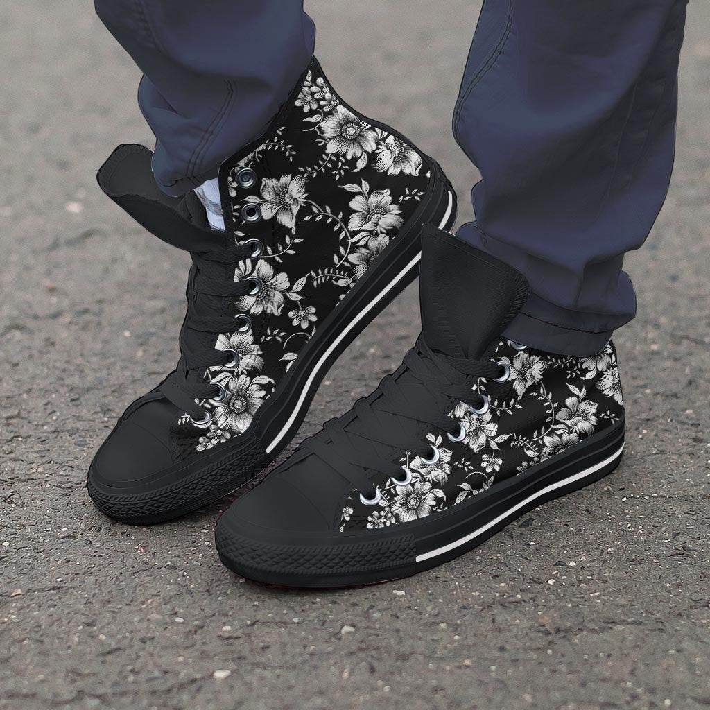 Black White Floral Print Men's High Top Shoes-grizzshop