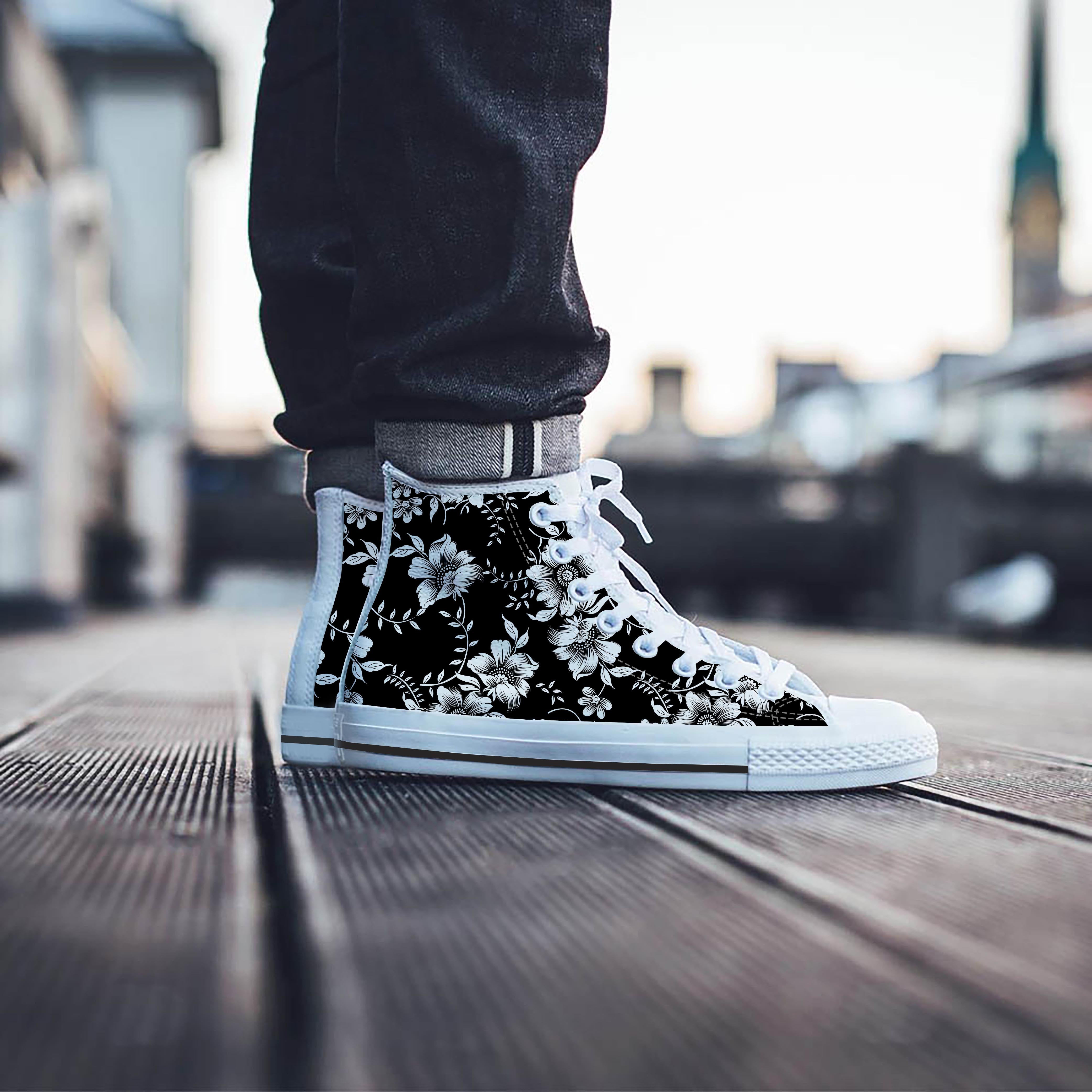 Black White Floral Print Men's High Top Shoes-grizzshop