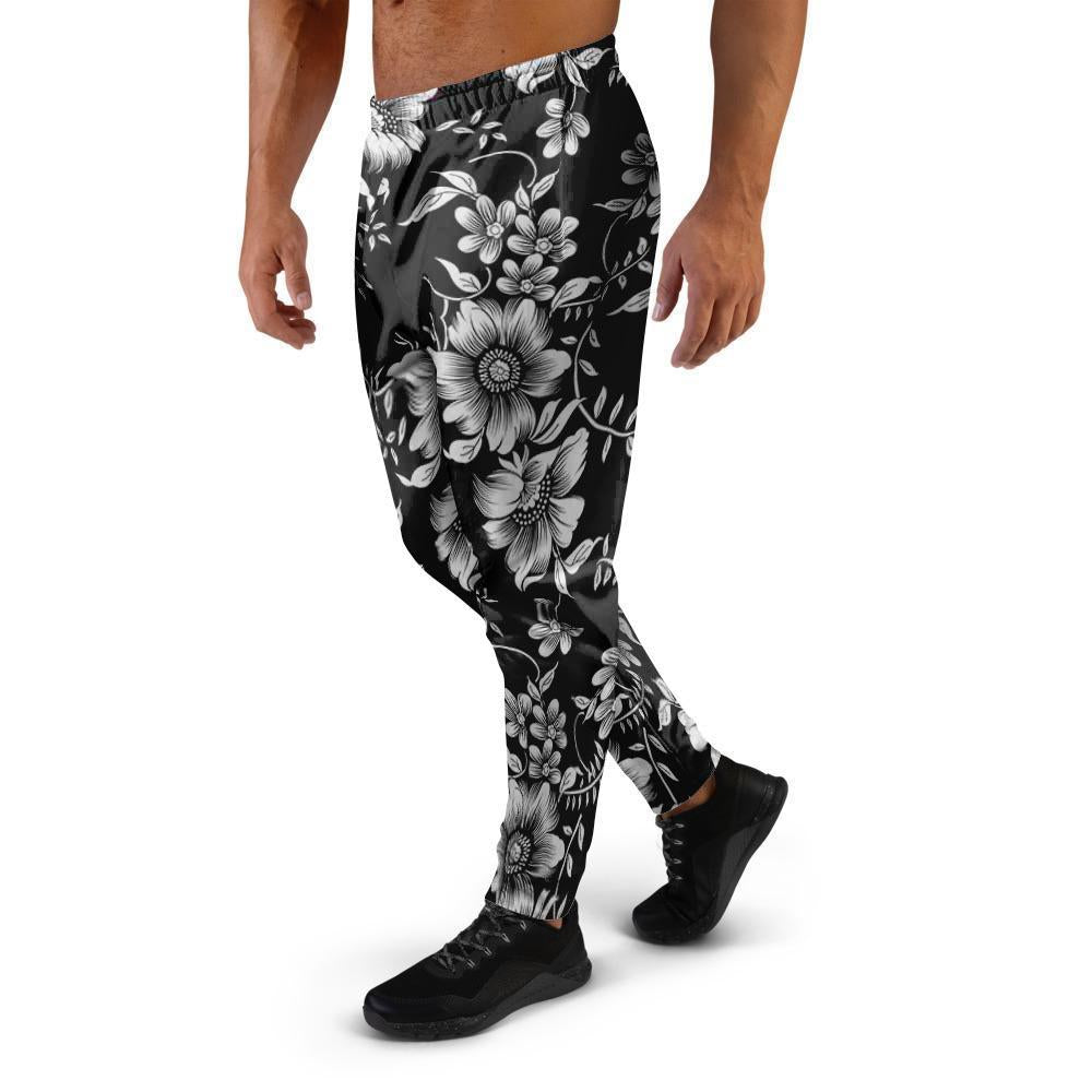 Black White Floral Print Men's Joggers-grizzshop