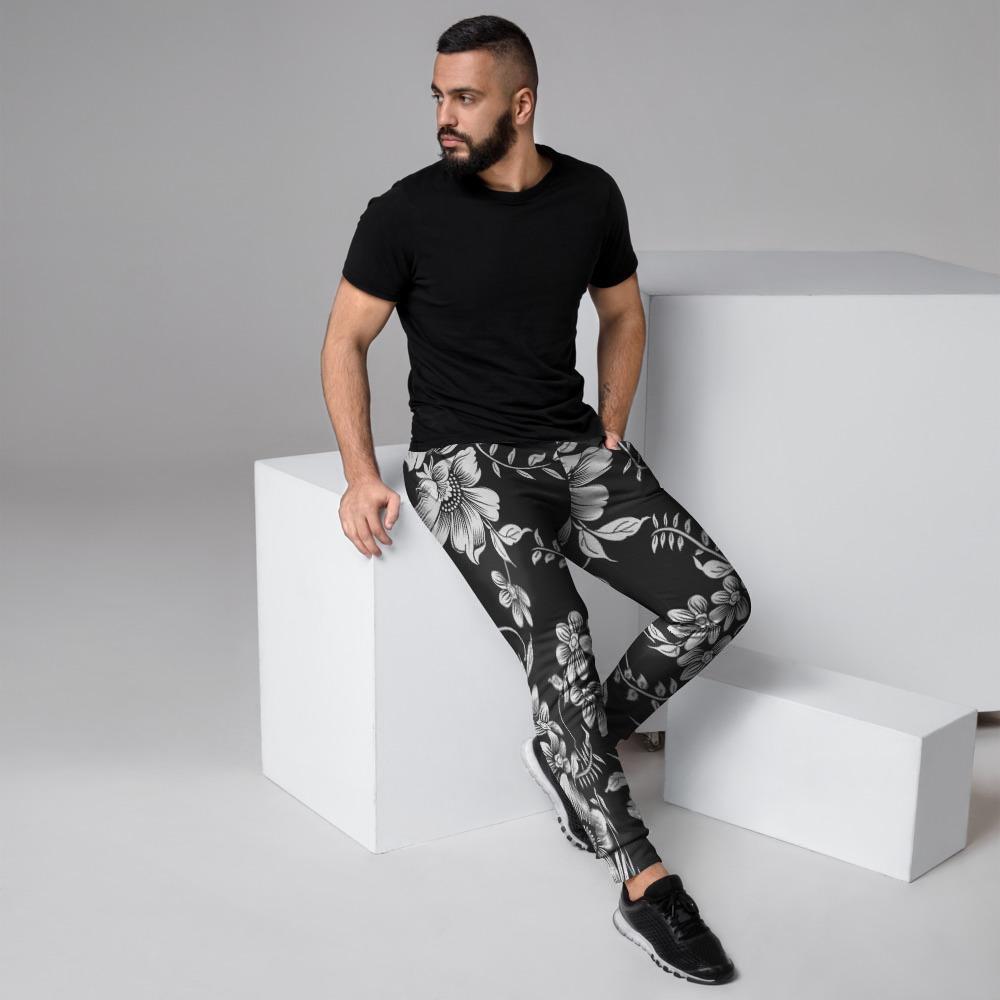 Black White Floral Print Men's Joggers-grizzshop