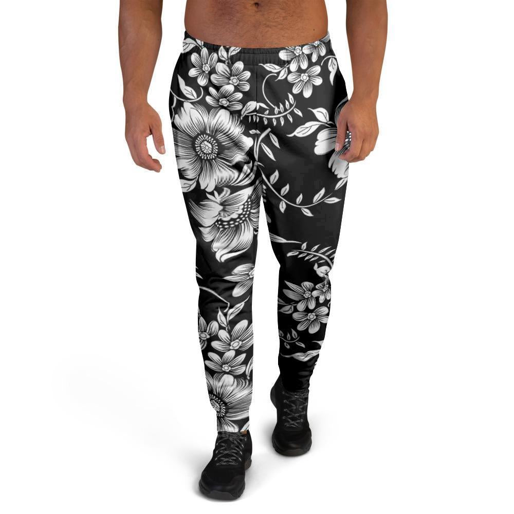 Black White Floral Print Men's Joggers-grizzshop