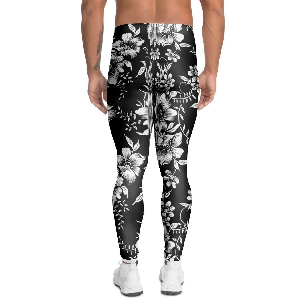 Black White Floral Print Men's Leggings-grizzshop