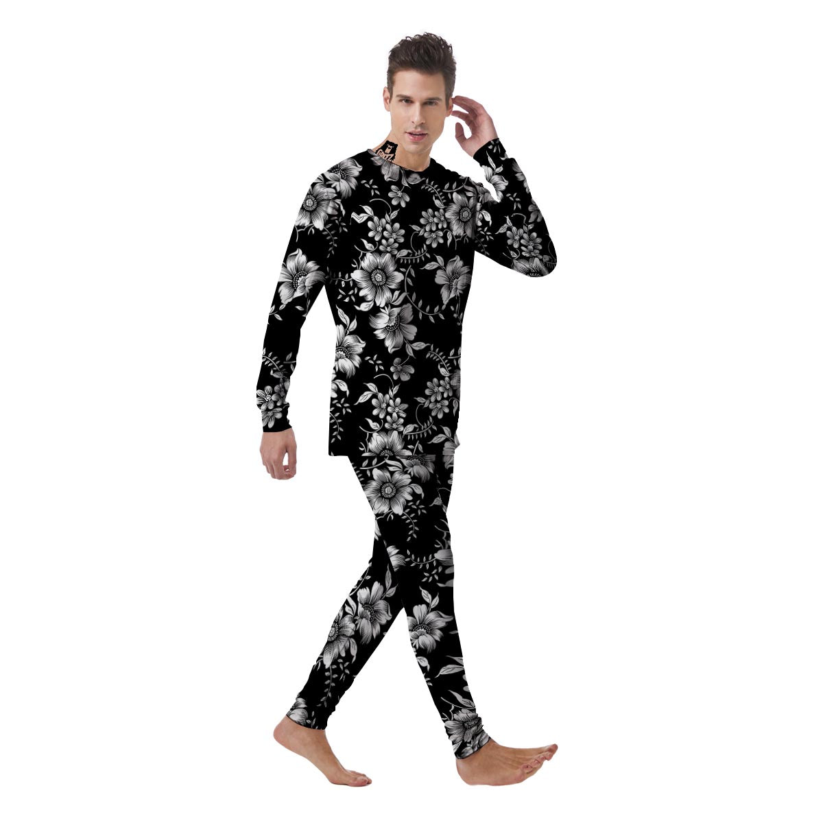 Black White Floral Print Men's Pajamas-grizzshop