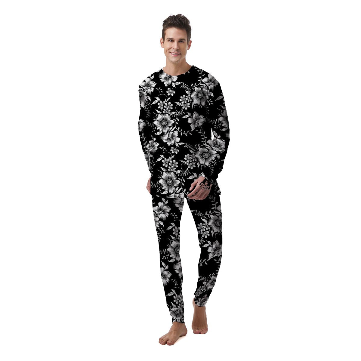 Black White Floral Print Men's Pajamas-grizzshop