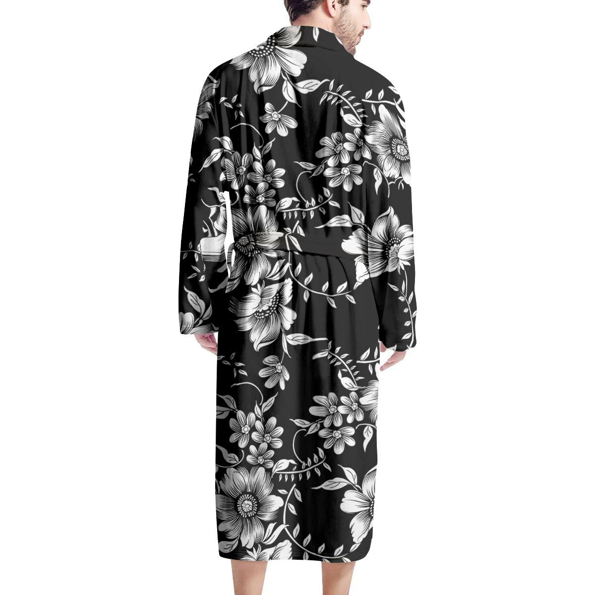 Black White Floral Print Men's Robe-grizzshop