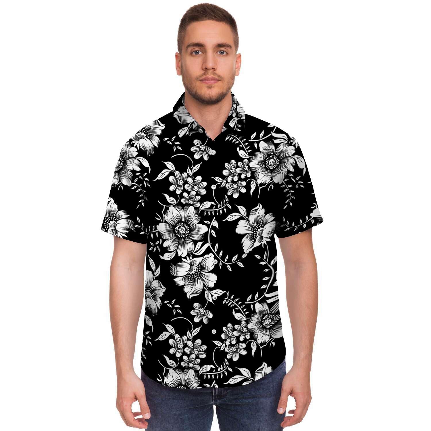 Black White Floral Print Men's Short Sleeve Shirt-grizzshop