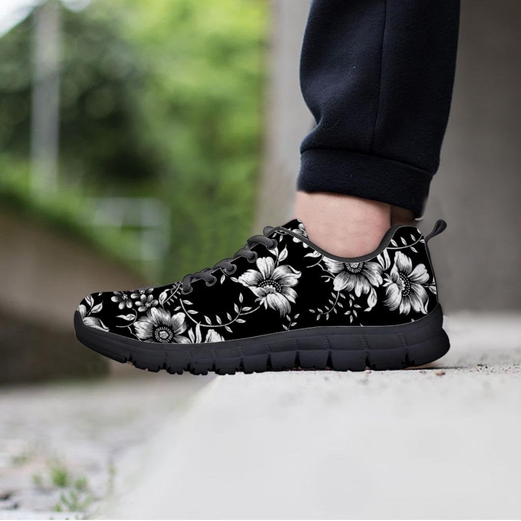 Black White Floral Print Men's Sneakers-grizzshop