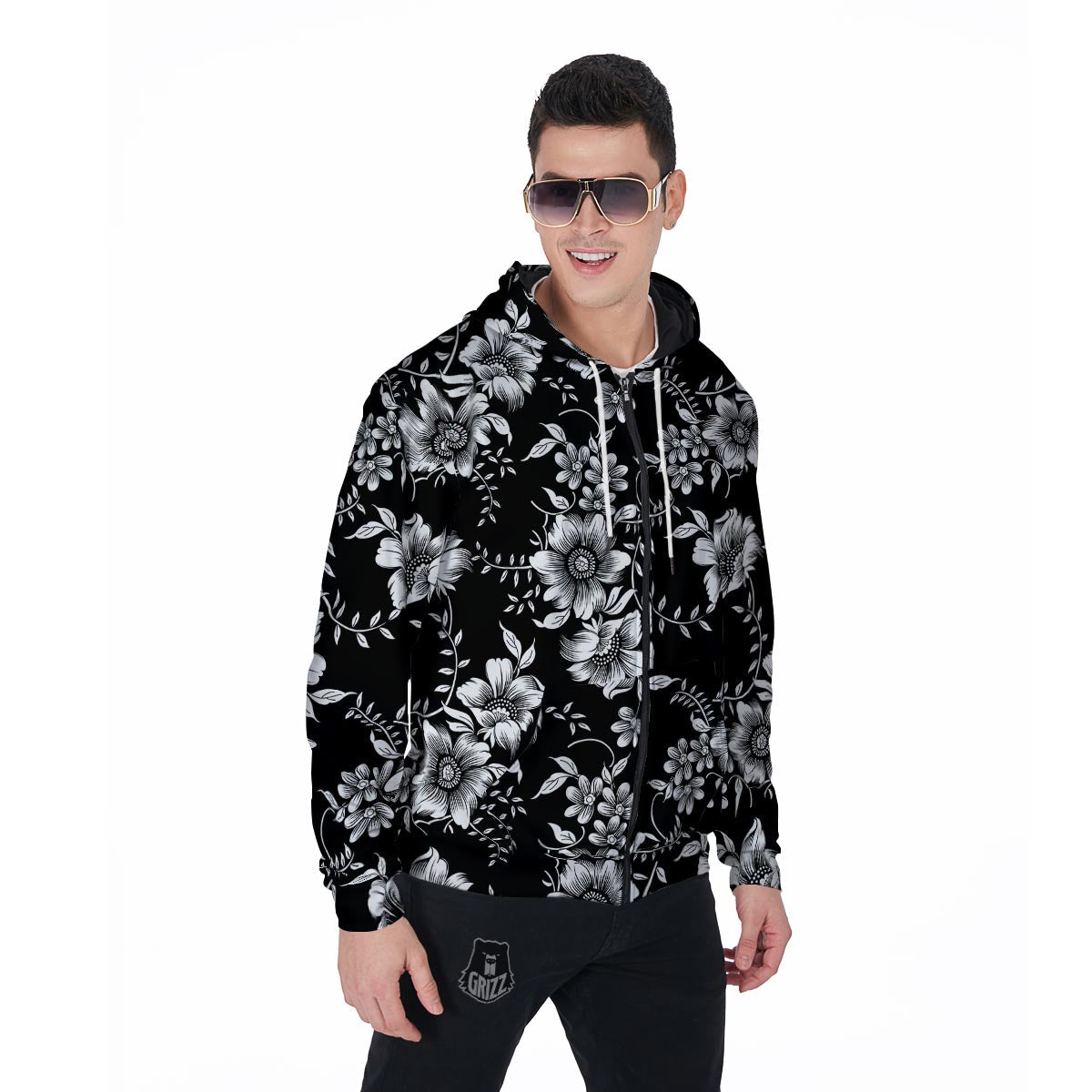 Black White Floral Print Men's Zip Up Hoodie-grizzshop