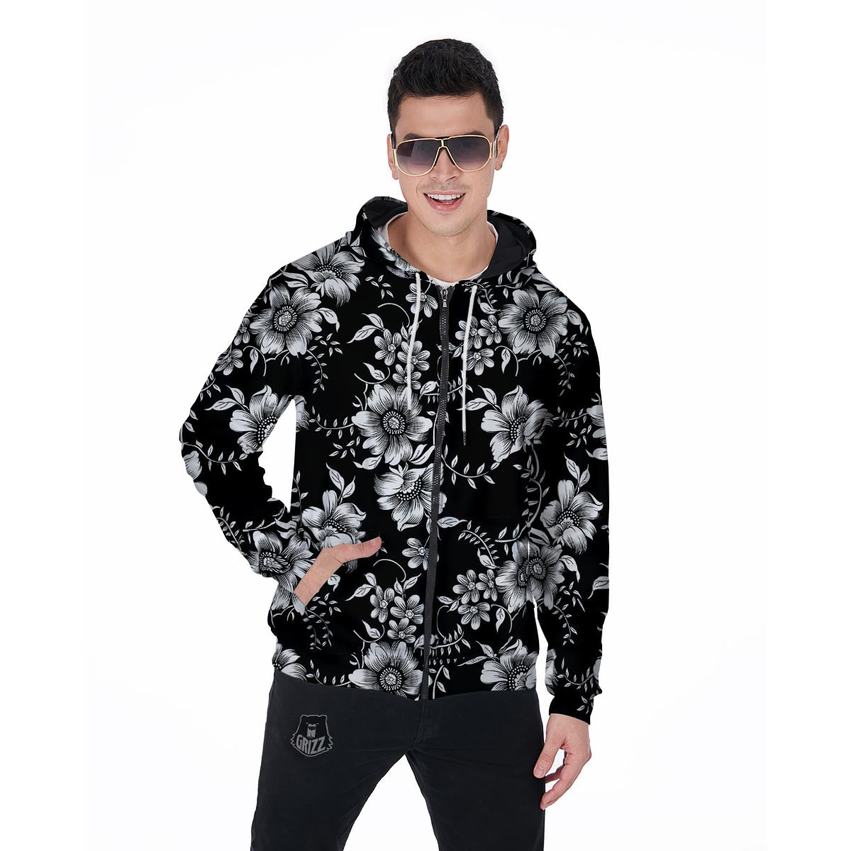 Black White Floral Print Men's Zip Up Hoodie-grizzshop