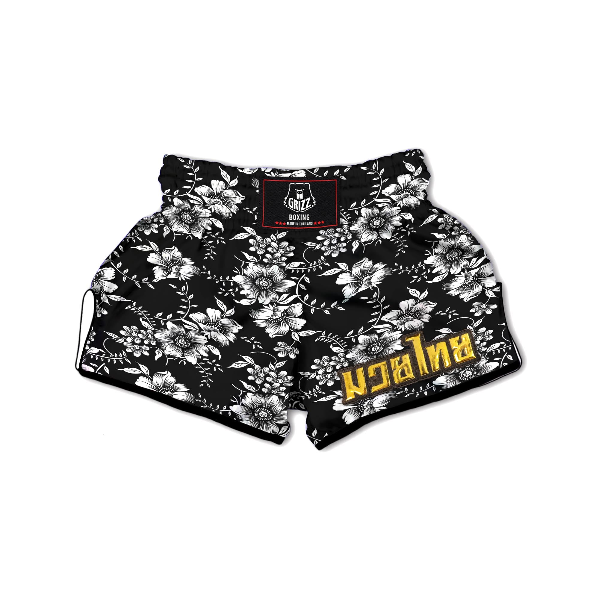 Black White Floral Print Muay Thai Boxing Shorts-grizzshop