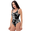 Black White Floral Print One Piece Swimsuite-grizzshop