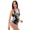 Black White Floral Print One Piece Swimsuite-grizzshop