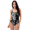 Black White Floral Print One Piece Swimsuite-grizzshop