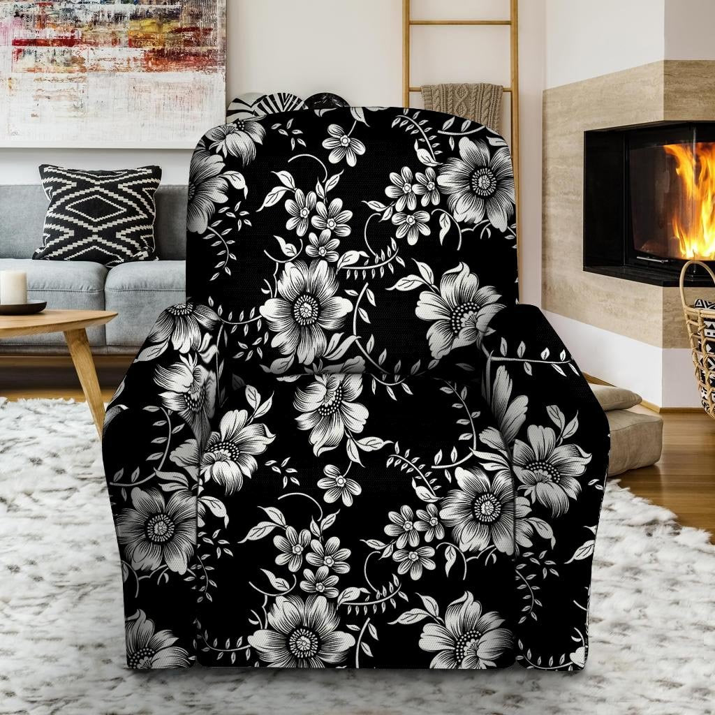 Black White Floral Print Recliner Cover-grizzshop