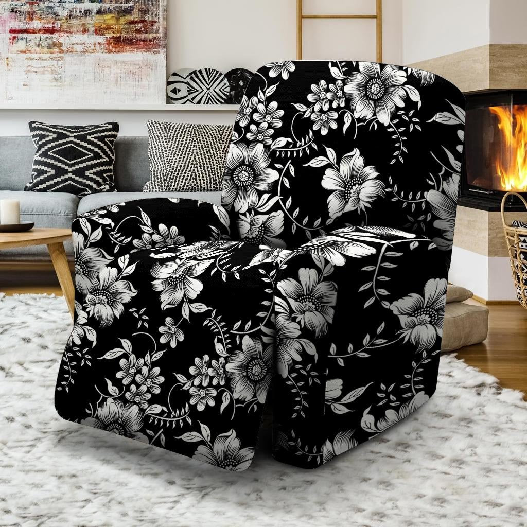 Black White Floral Print Recliner Cover-grizzshop