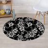 Black White Floral Print Round Rug-grizzshop