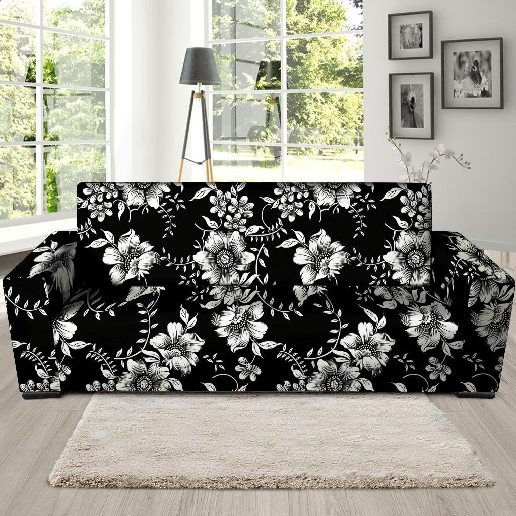 Black White Floral Print Sofa Cover-grizzshop