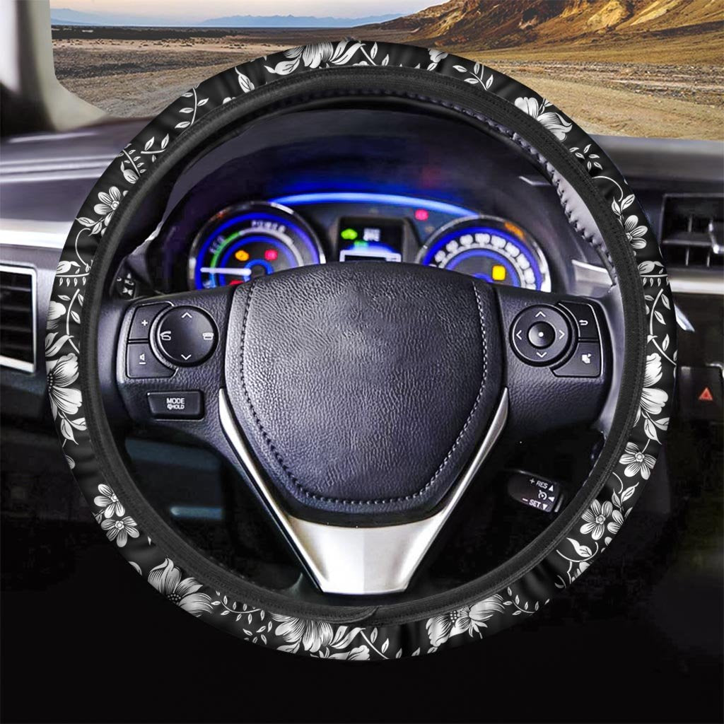 Black White Floral Print Steering Wheel Cover-grizzshop