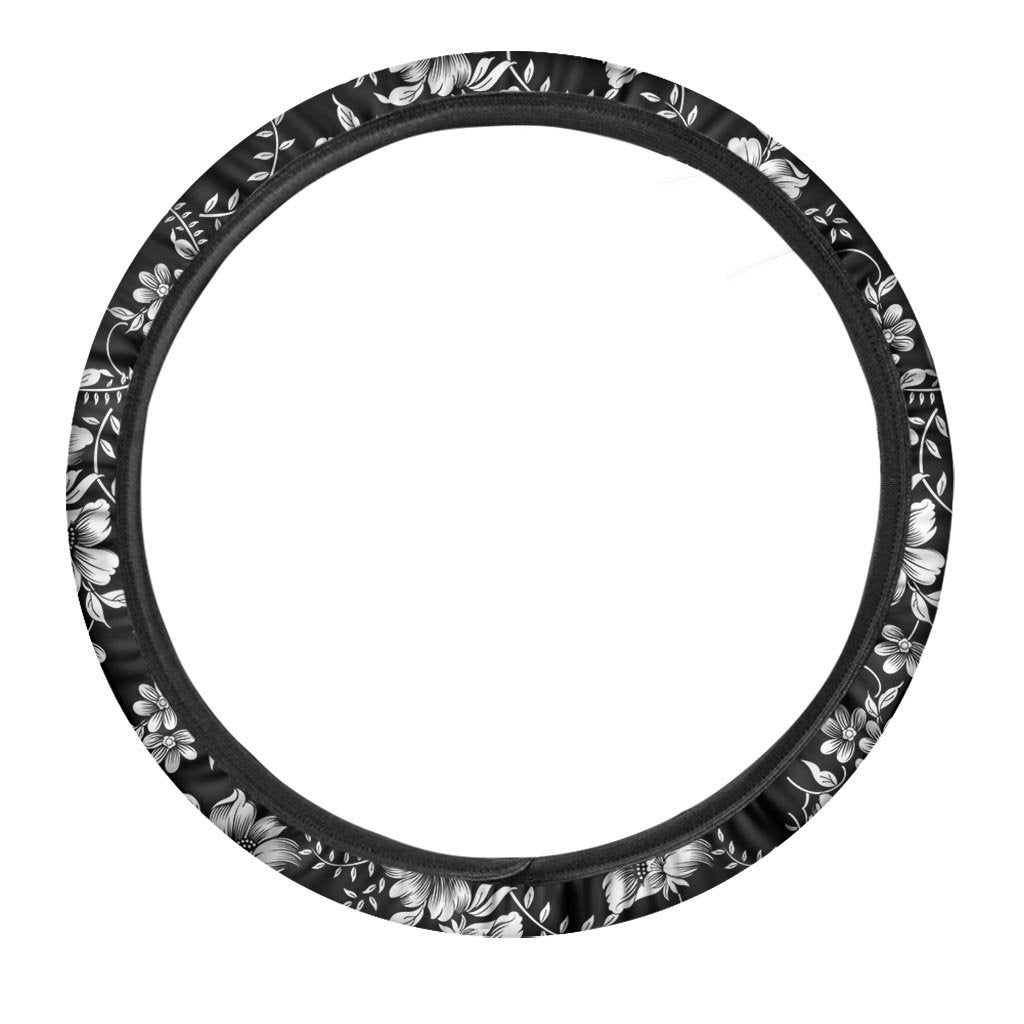 Black White Floral Print Steering Wheel Cover-grizzshop