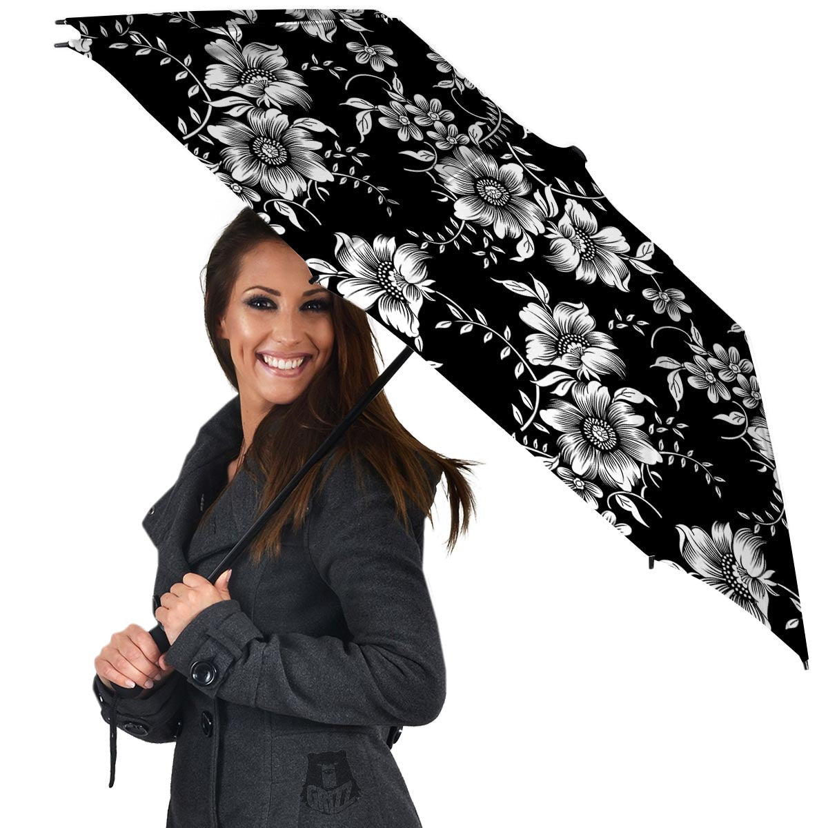 Black White Floral Print Umbrella-grizzshop