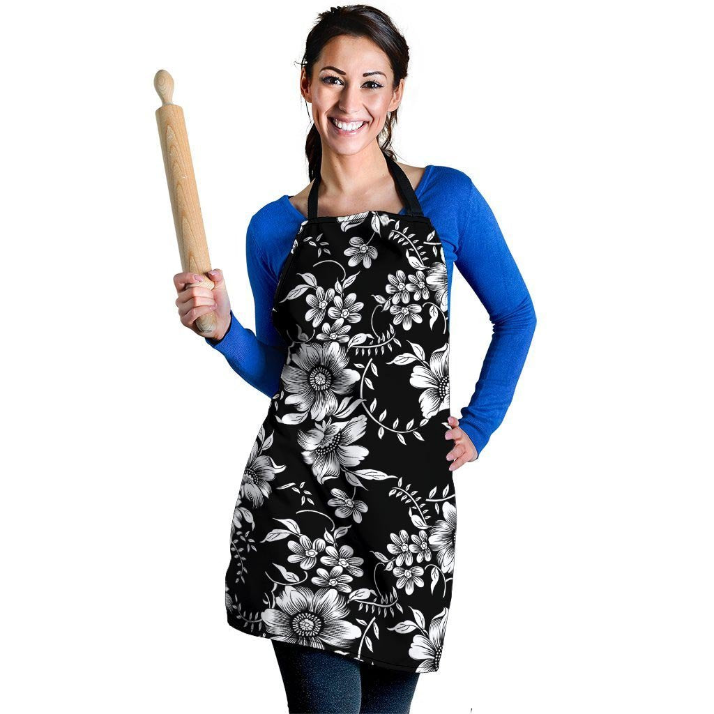 Black White Floral Print Women's Apron-grizzshop